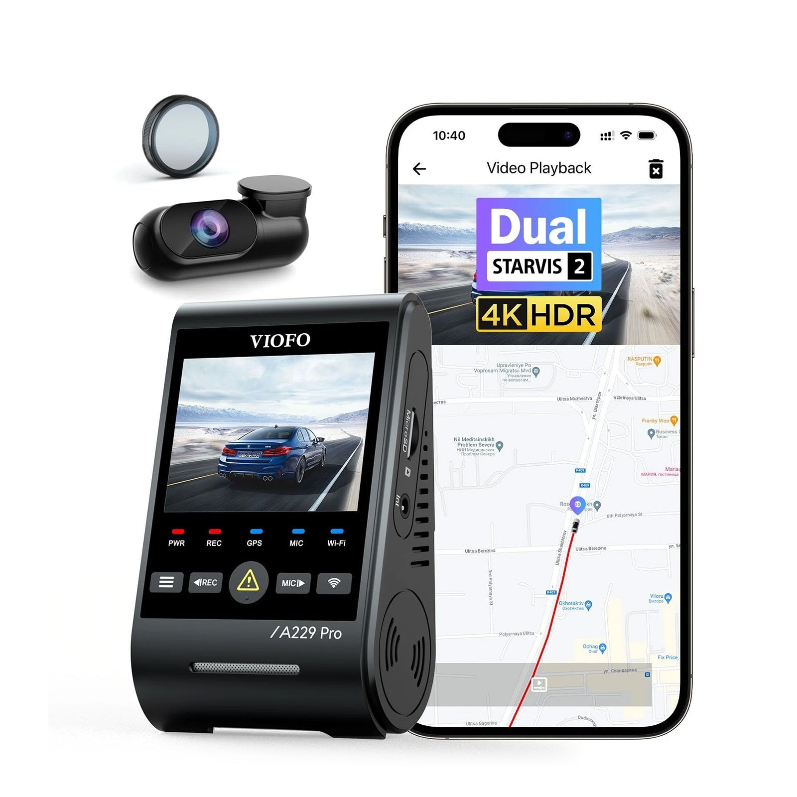 VIOFO A229 Pro front and rear cameras with CPL filter and an illustrative phone screen.