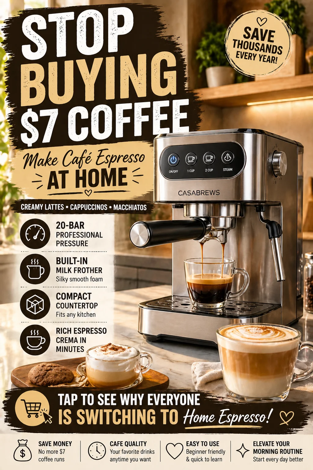 Casabrews CM5418 espresso machine in stainless steel on a kitchen countertop with coffee accessories