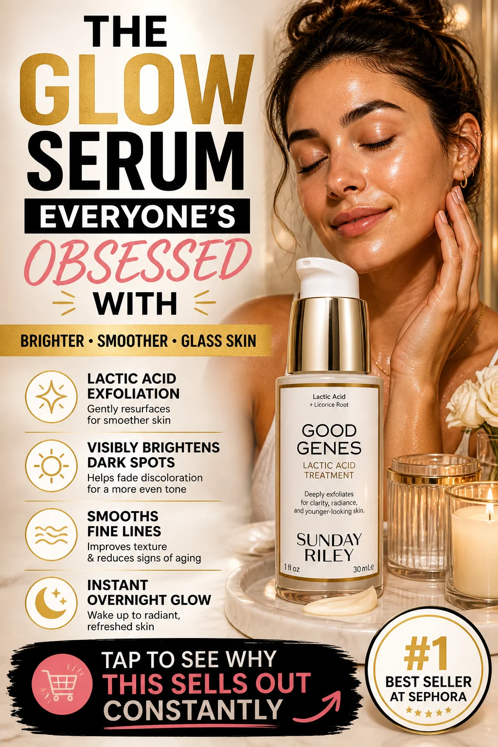 Sunday Riley Good Genes serum bottle with sleek design on a beige vanity