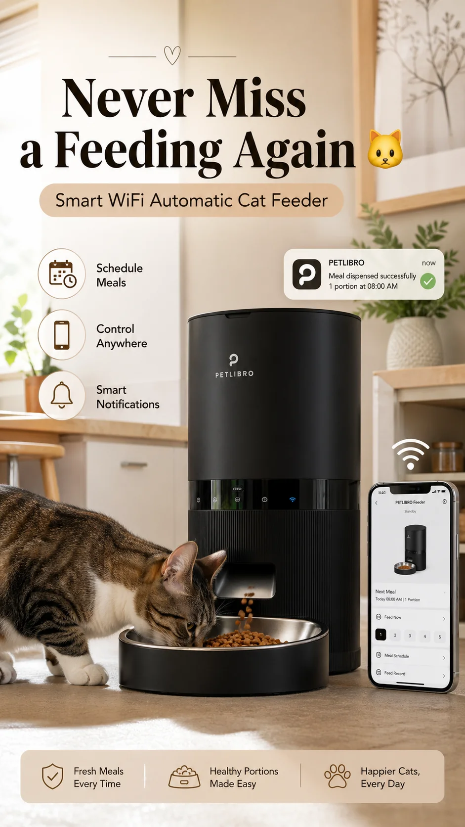 PETLIBRO Granary 5L WiFi auto feeder in white with stainless steel bowl against a kitchen backdrop