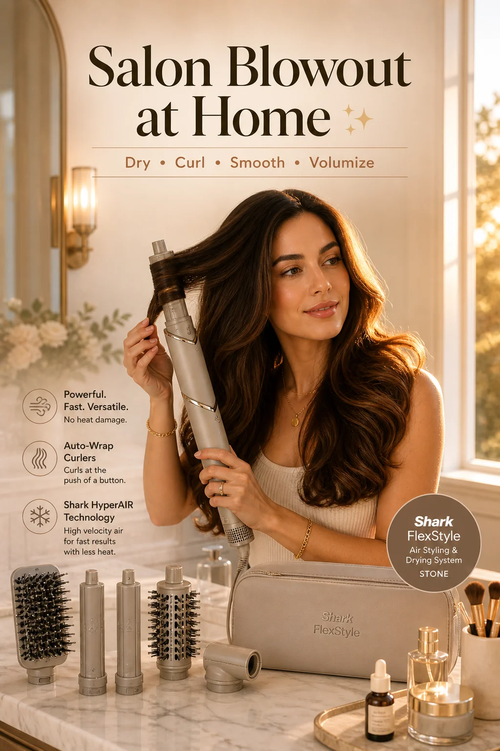 Shark FlexStyle HD430 air styler in black and silver on a bathroom counter with hair styling tools