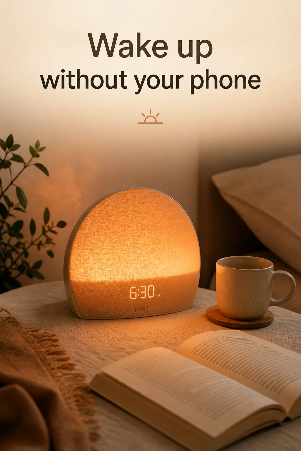 Hatch Restore 2 sunrise alarm clock with warm light and sound features on a bedside table