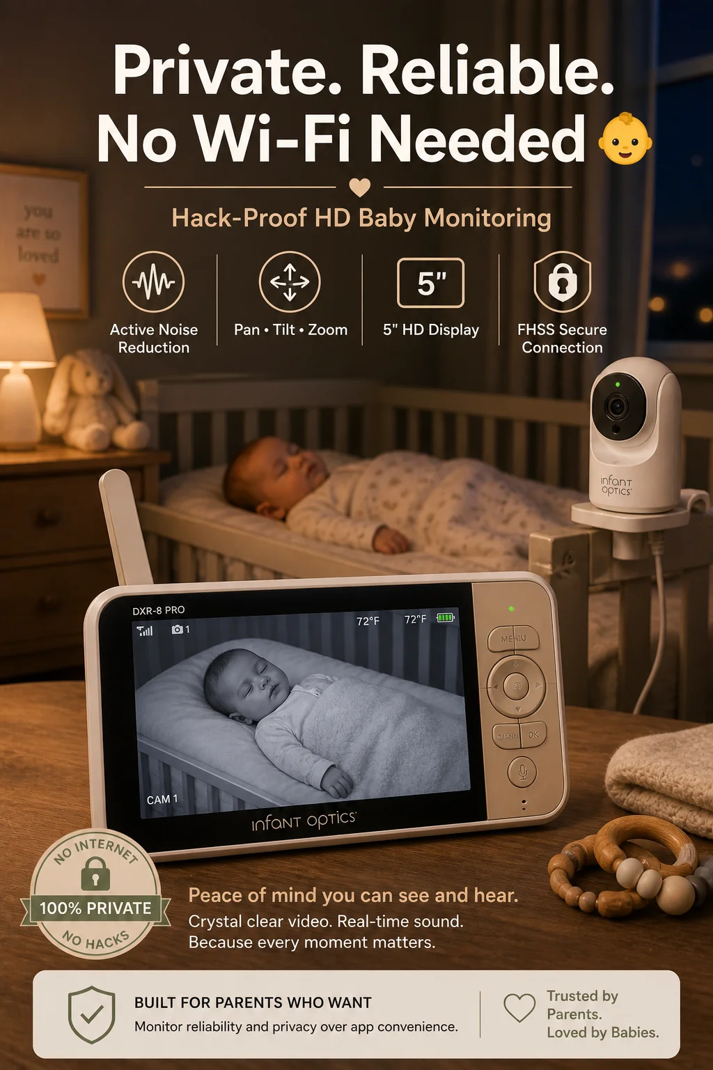 Infant Optics DXR-8 Pro baby monitor with 5-inch screen and lenses on a nursery shelf