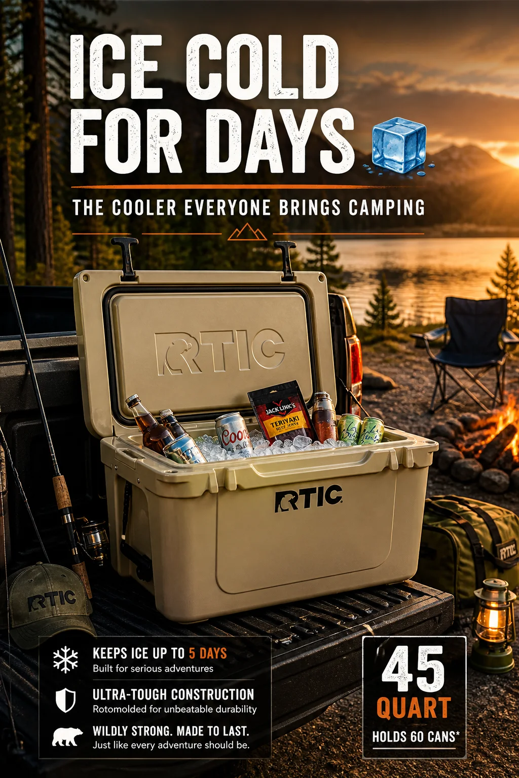 RTIC 45 QT cooler in white with dark blue latches on a picnic table