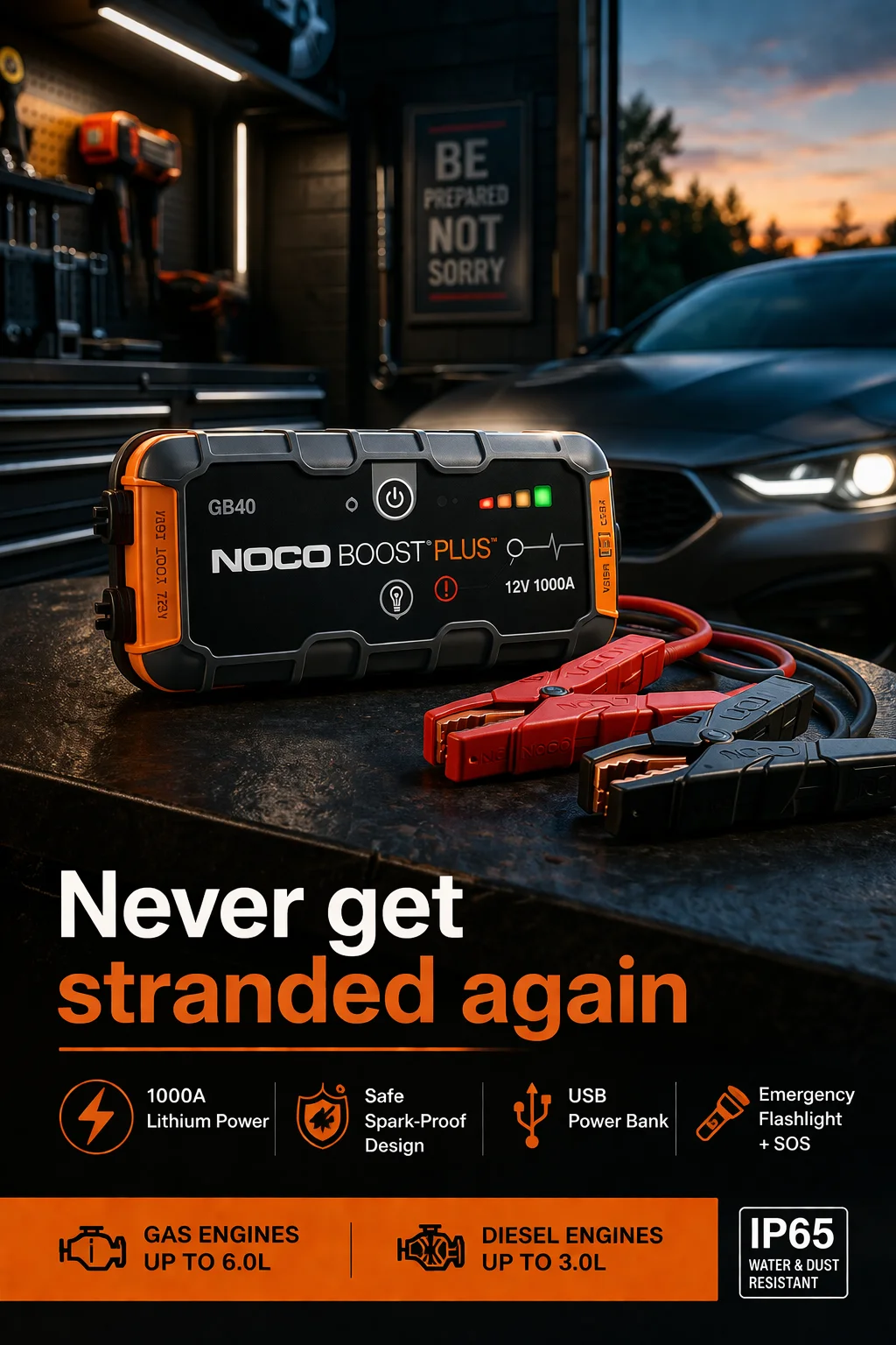 NOCO Boost Plus GB40 jump starter in black and green on a car seat with tools nearby
