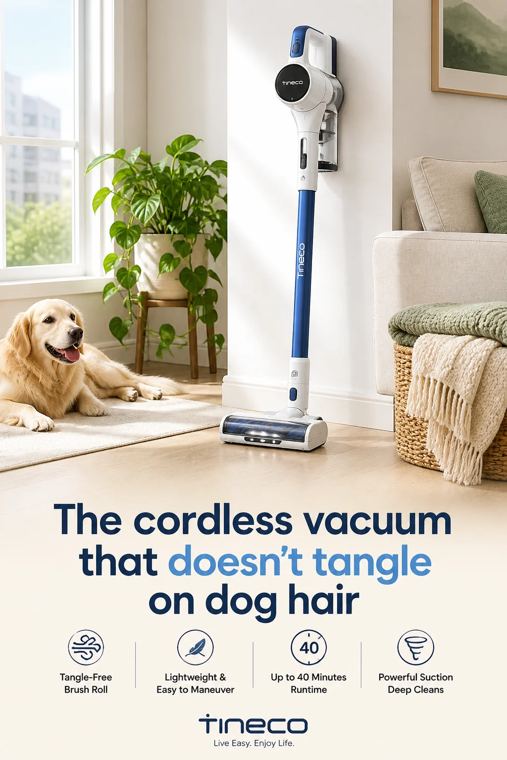 LEVOIT LVAC-200 cordless stick vacuum in sleek design on a hardwood floor with a pet hair pile nearby