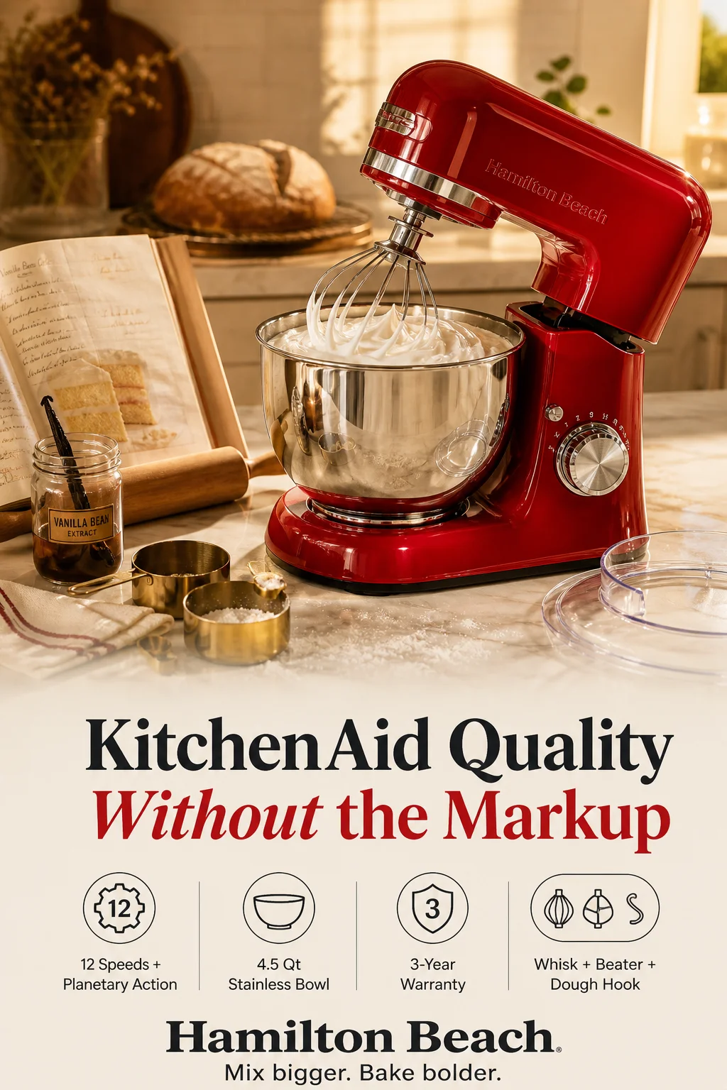 Hamilton Beach all-metal stand mixer in red with stainless steel bowl on a kitchen countertop