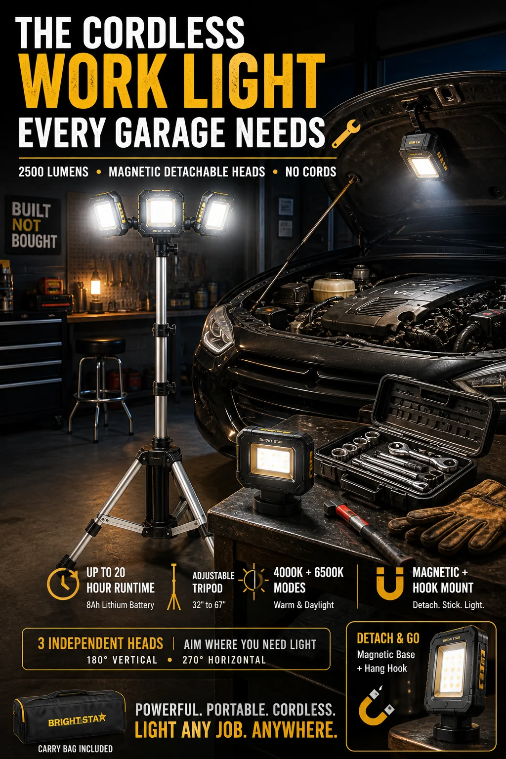 Cordless LED work light on a tripod with three light heads in a garage setting
