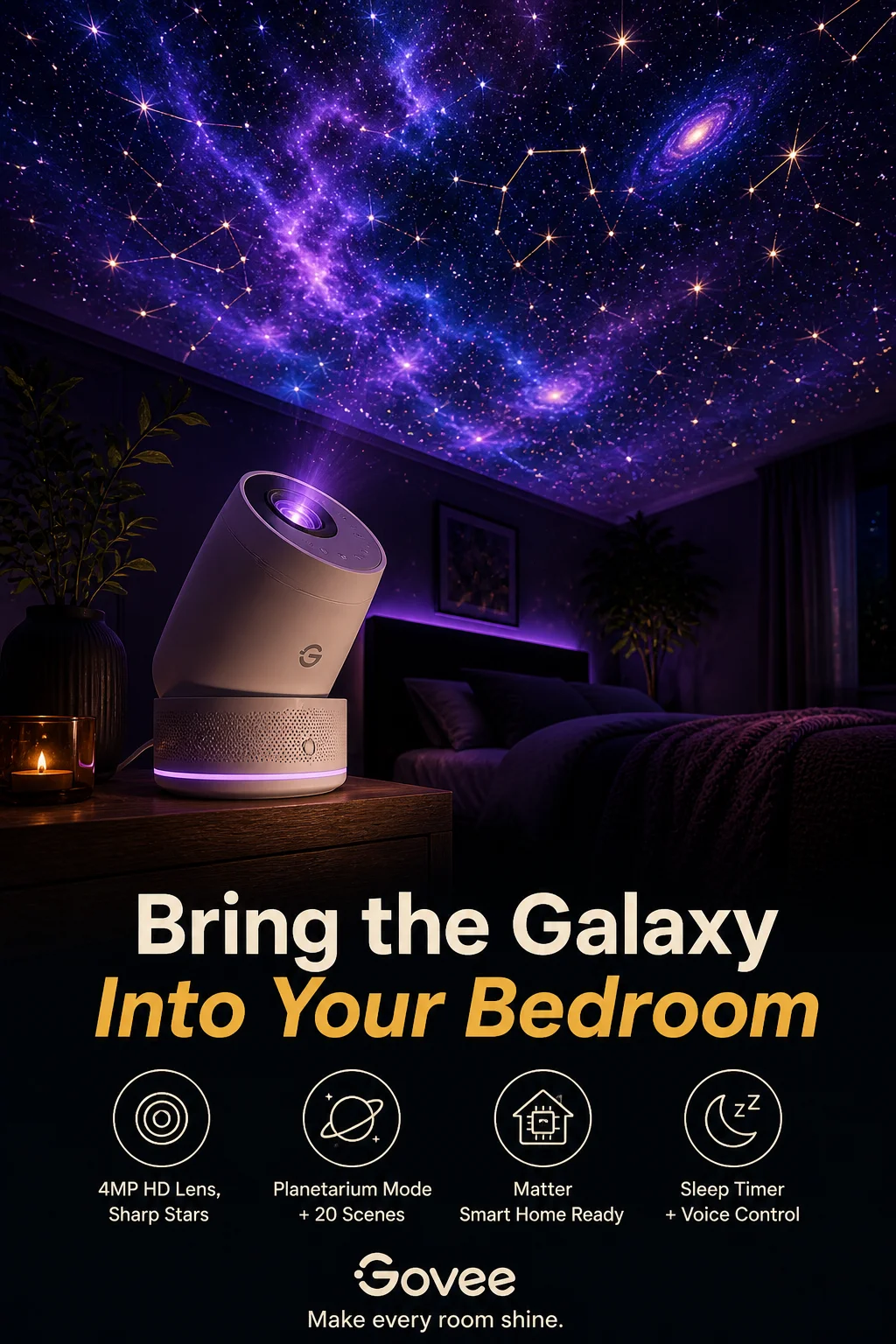 Govee Galaxy Light Star Projector 2 Pro projecting stars and nebulae on a ceiling in a cozy bedroom