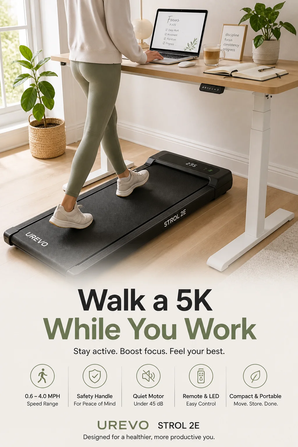 UREVO Strol 2E treadmill in black, folded flat under a desk with LED display active