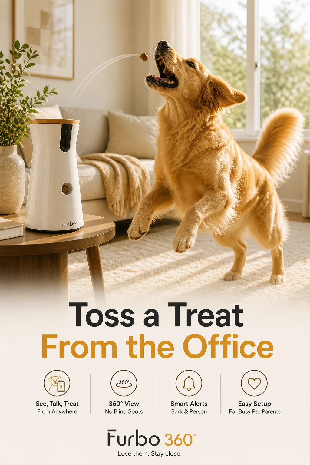 Furbo 360 Degree Dog Camera in white and gray displaying treat dispenser and control features