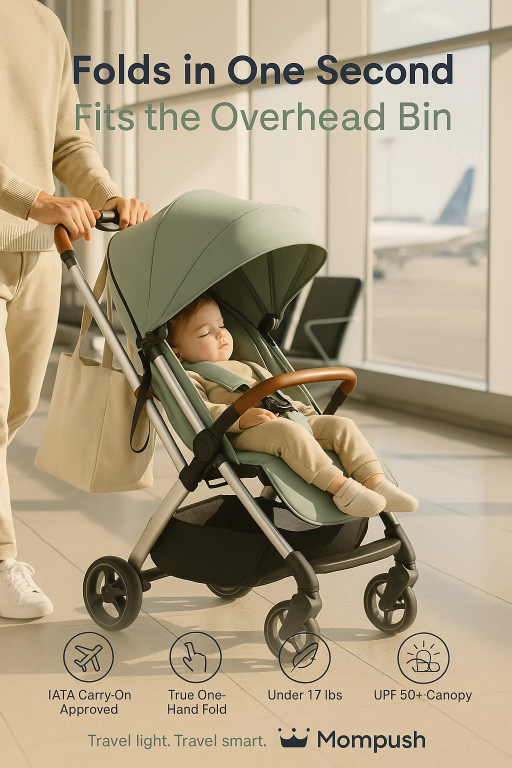 Mompush Velo lightweight travel stroller in gray with one-hand fold mechanism demonstrated in an urban park setting