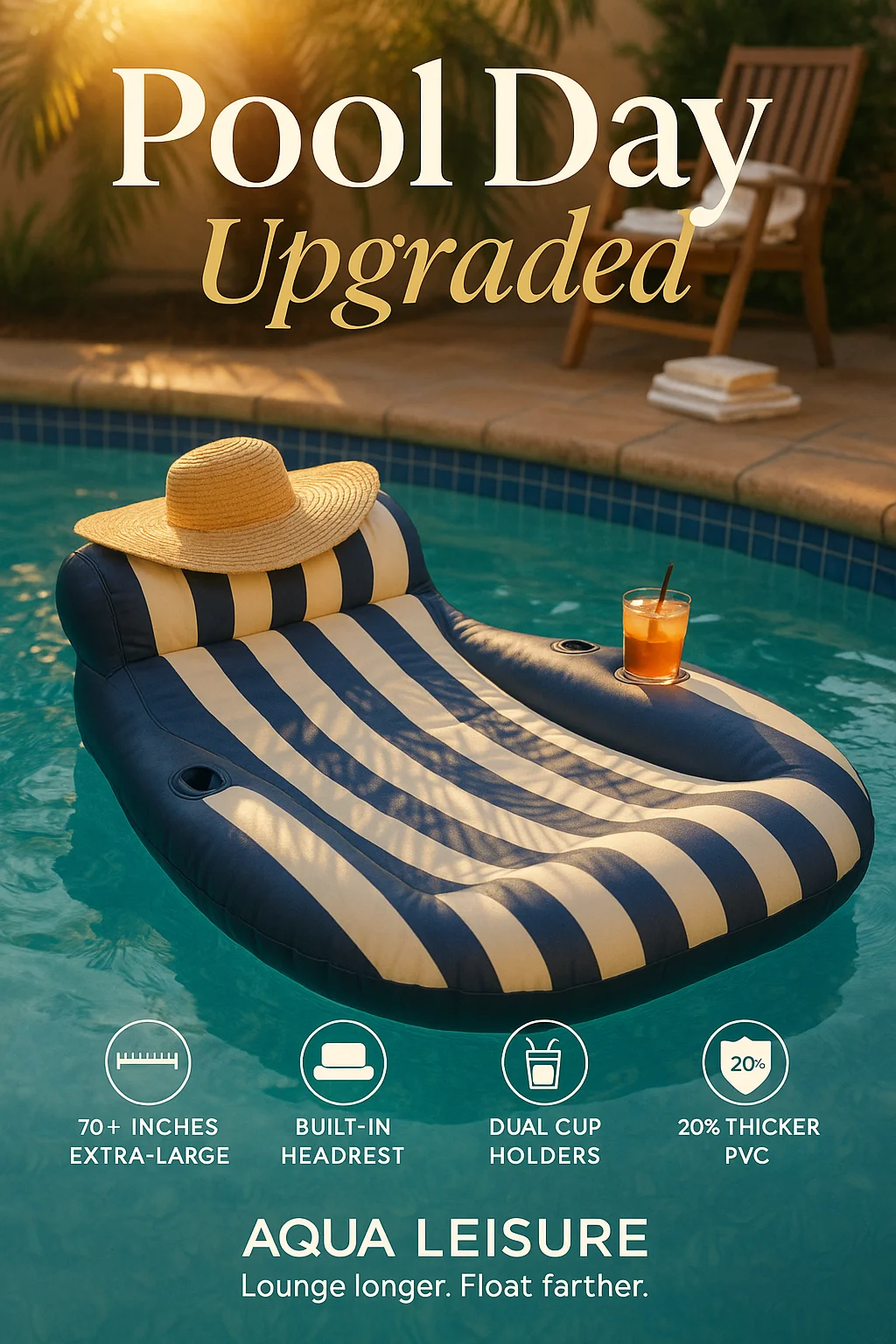 Extra-large Aqua Luxury Pool Lounge in blue with headrest and cup holders by a pool