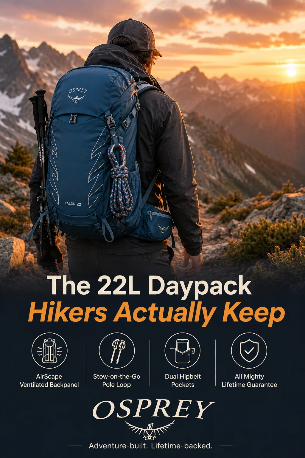 Osprey Talon 22L hiking daypack in vibrant green with water bottles and trekking poles