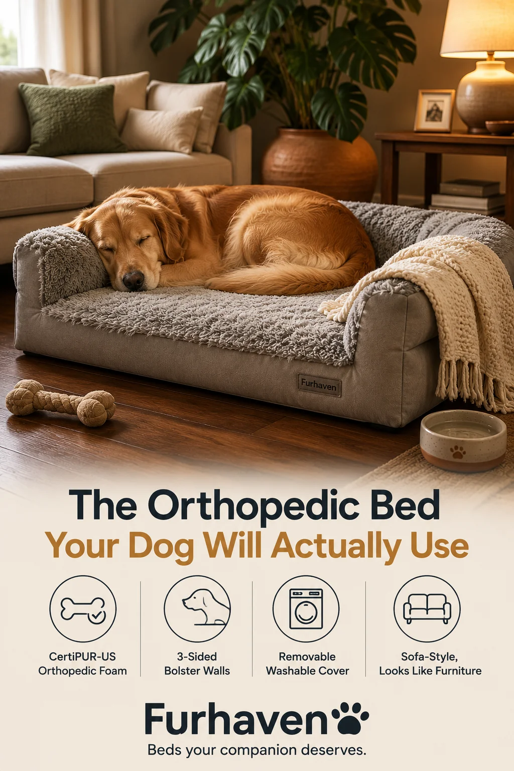 Furhaven Orthopedic Dog Bed in plush faux fur with bolsters on a living room floor