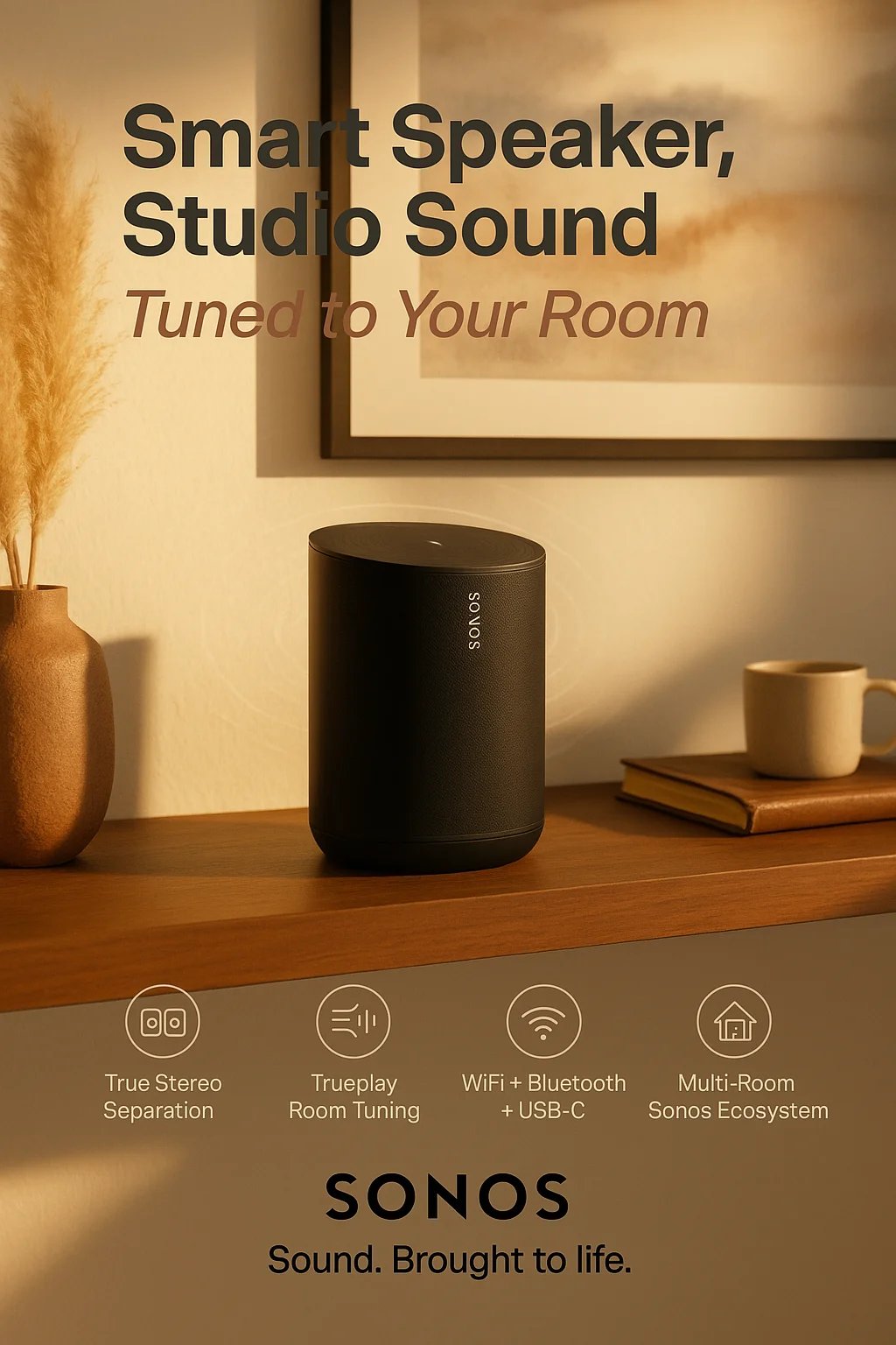 Sonos Era 100 smart speaker in white on a wooden shelf with music records and plants