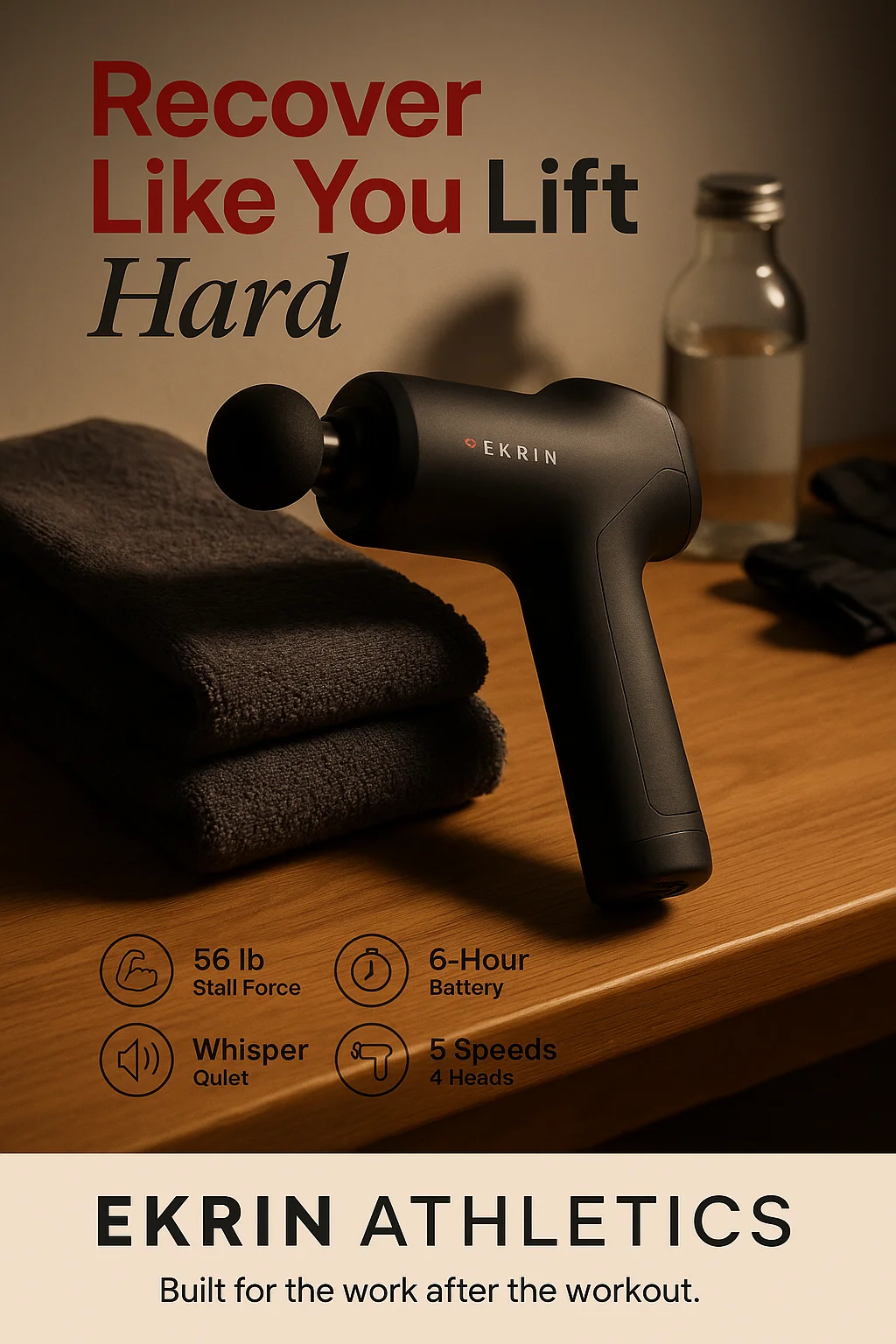 Ekrin Athletics B37v2 massage gun in sleek black with four attachments on a gym floor