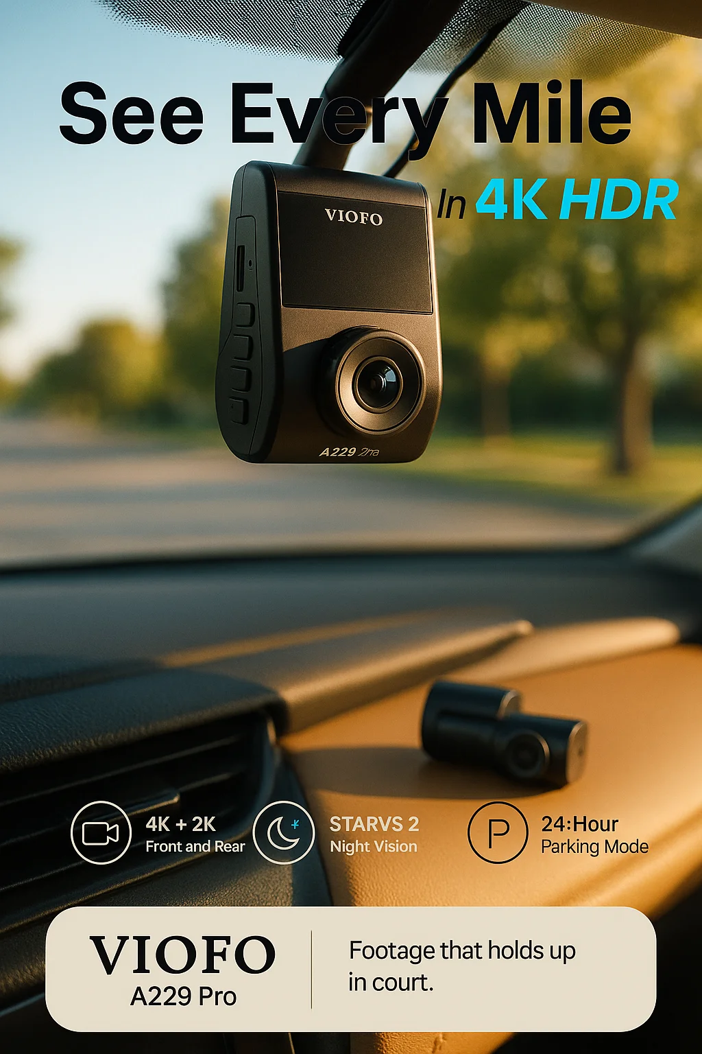 VIOFO A229 Pro 4K dual dash cam with front and rear sensors mounted in a car
