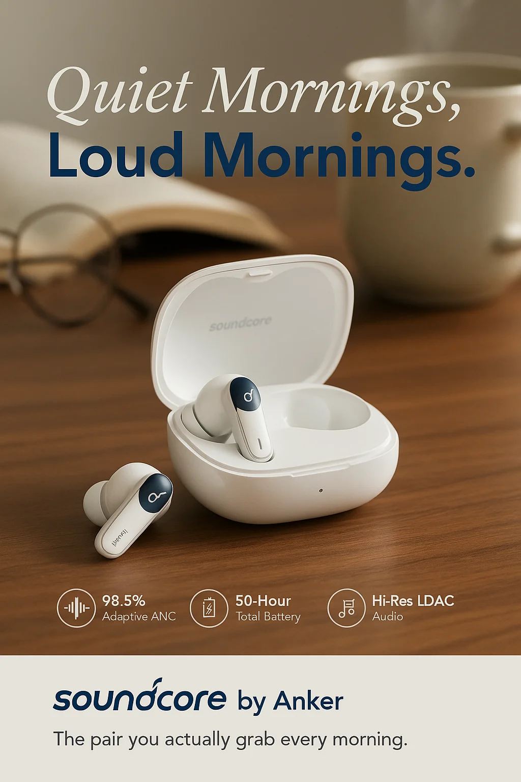 Soundcore Liberty 4 NC wireless earbuds in black on a wooden table with charging case
