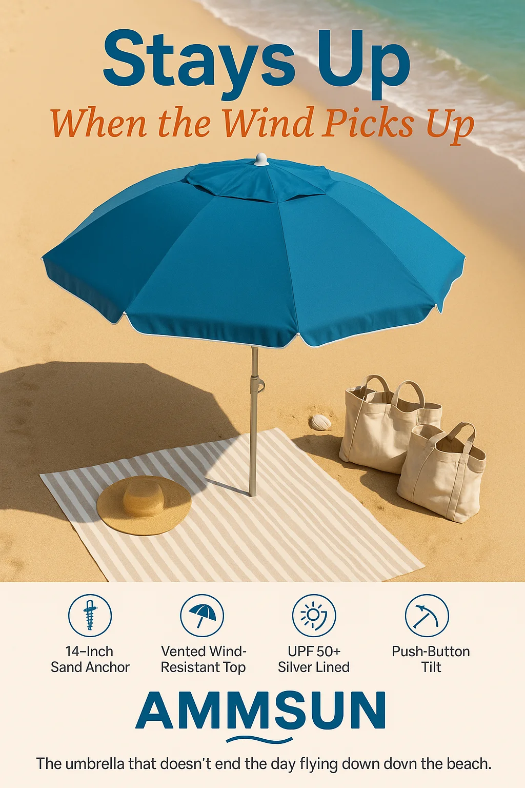 AMMSUN 8-foot beach umbrella in blue with a screw-in sand anchor on a sandy beach