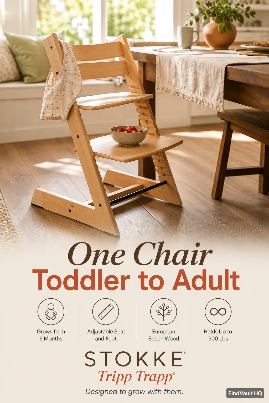 Stokke Tripp Trapp high chair in natural beech wood against a bright nursery backdrop