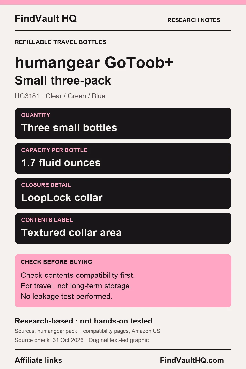 Original FindVault text-led research card for humangear GoToob+ HG3181: three small 1.7-fluid-ounce travel bottles, LoopLock collar and compatibility checks. Affiliate links; not hands-on tested.