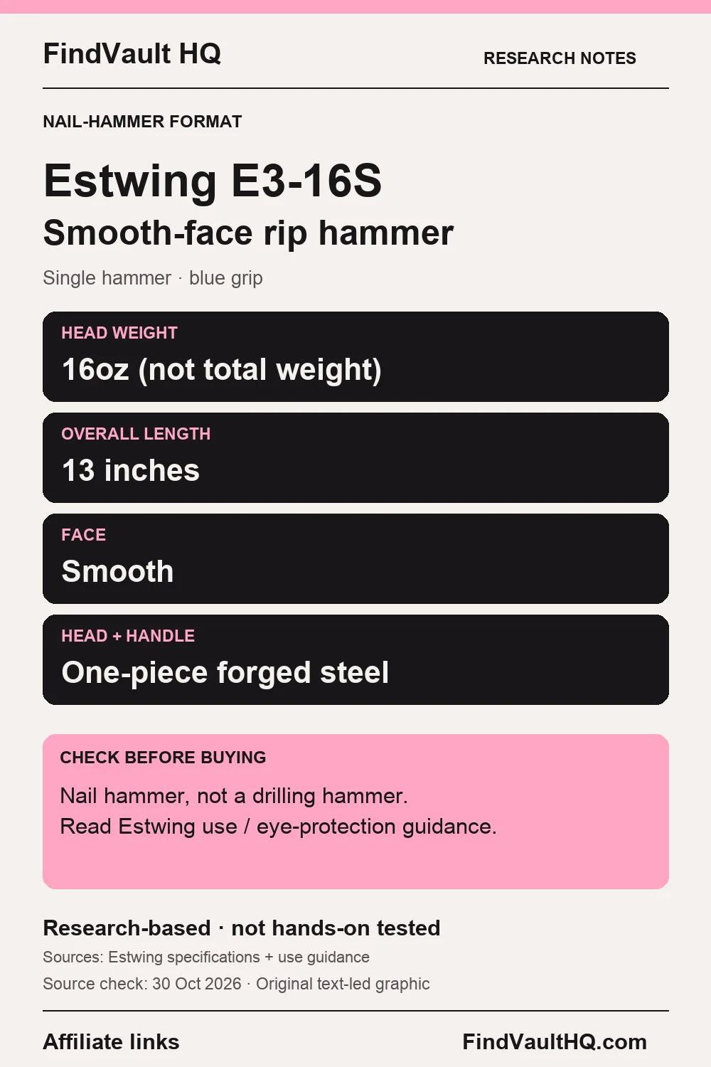 Original FindVault text-led research card for Estwing E3-16S: 16oz head, 13-inch length, smooth face and one-piece steel construction. Affiliate links; not hands-on tested.