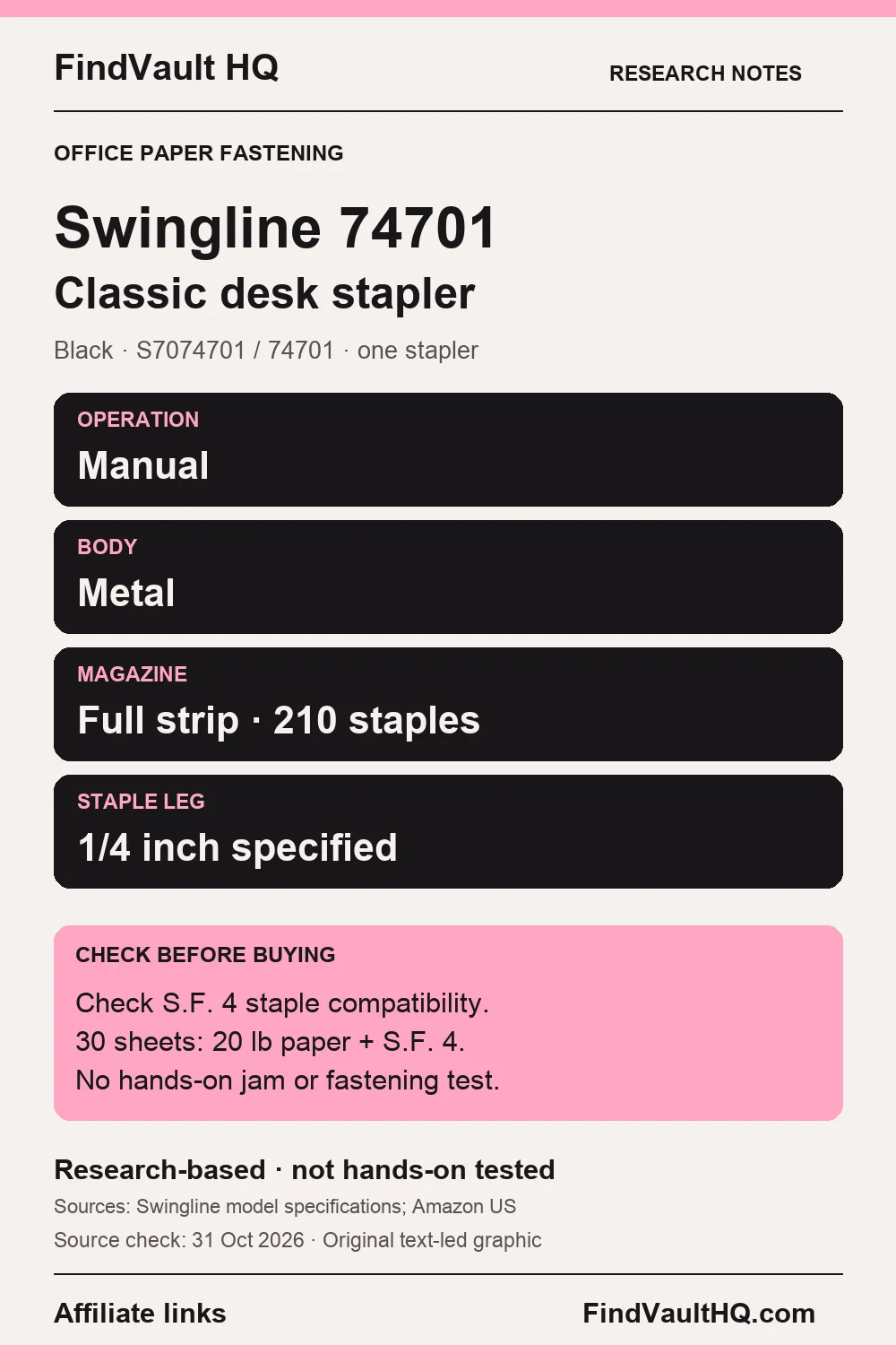 Original FindVault text-led research card for Swingline 74701 black: manual desk stapler, metal body, full-strip magazine and staple specifications. Affiliate links; not hands-on tested.