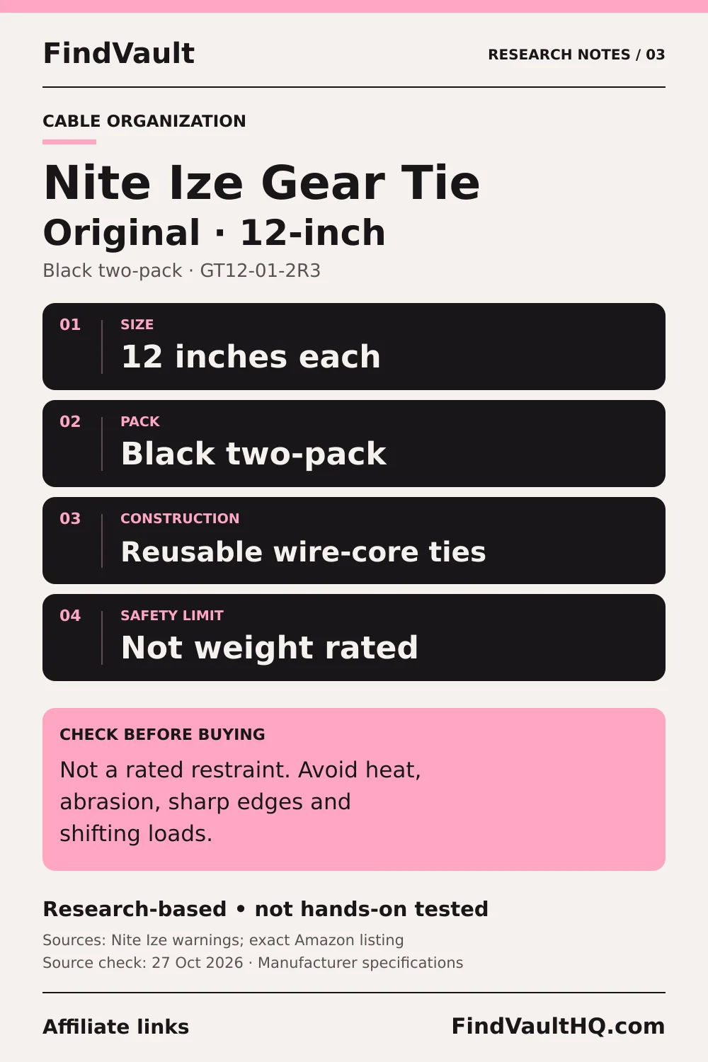 Original FindVault research graphic for Nite Ize Gear Tie GT12-01-2R3: reusable 12-inch black two-pack; not weight rated. Affiliate links; not hands-on tested. No product photo.