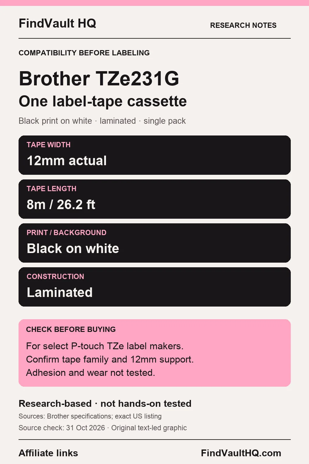 Original FindVault text-led research card for Brother TZe231G: one laminated cassette, black on white, 12mm width and 8m length. Affiliate links; not hands-on tested.