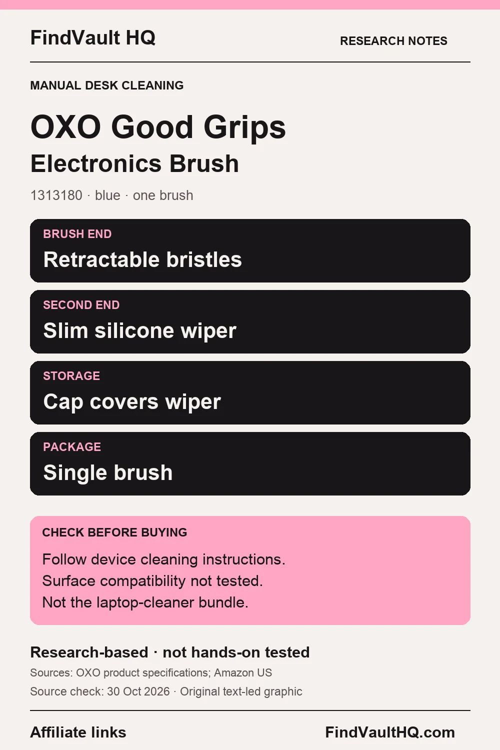 Original FindVault text-led research card for OXO Electronics Cleaning Brush 1313180 blue: retractable bristles, silicone wiper and protective cap. Affiliate links; not hands-on tested.