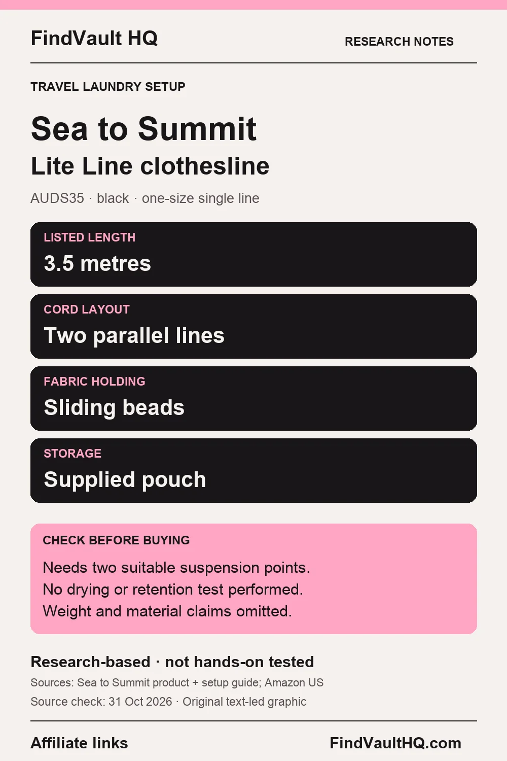 Original FindVault text-led research card for Sea to Summit Lite Line clothesline: 3.5-metre line, parallel cords, sliding beads and storage pouch. Affiliate links; not hands-on tested.